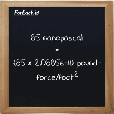 How to convert nanopascal to pound-force/foot<sup>2</sup>: 85 nanopascal (nPa) is equivalent to 85 times 2.0885e-11 pound-force/foot<sup>2</sup> (lbf/ft<sup>2</sup>)